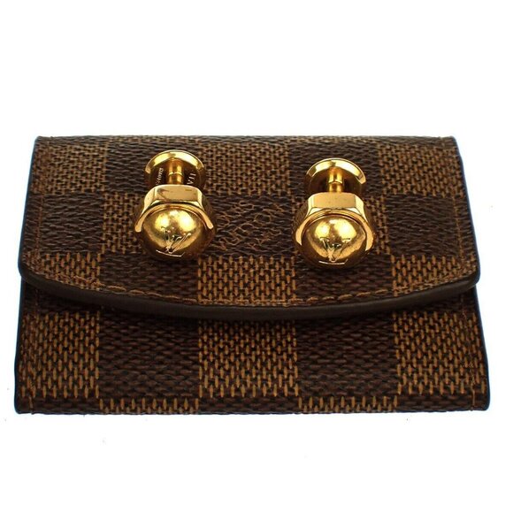 LOUIS VUITTON Cufflinks Case Set Damier Leather Business Gold - Picture 1 of 8
